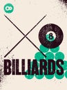 Billiards typographical vintage grunge style poster design. Retro vector illustration. Royalty Free Stock Photo